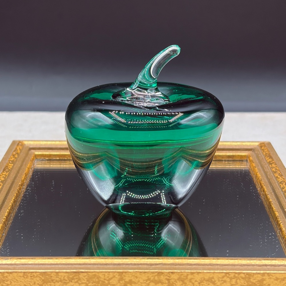 Vintage Blenko Art Glass Emerald Green Apple w/Clear Stem Paperweight MCM #882